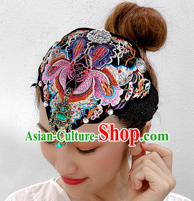 China Ethnic Headwear Handmade Peacock Dance Cloth Headband Yunnan Minority Woman Embroidered Butterfly Hair Clasp