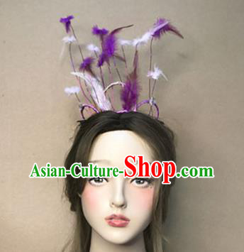 Top Stage Show Headdress Catwalks Hair Accessories Cosplay Fairy Hair Clasp Baroque Bride Purple Feather Hair Crown