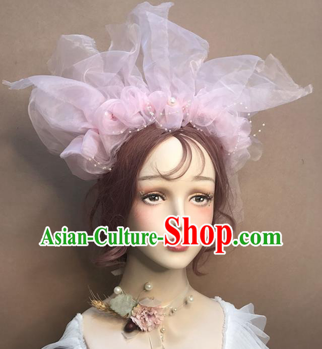 Top Catwalks Dance Pink Veil Hair Clasp Baroque Bride Hair Crown Stage Show Headdress