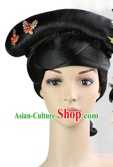 Chinese Classical Court Dance Hairpieces Qin Dynasty Manchu Palace Lady Wigs Sheath Ancient Imperial Concubine Hair Chignon