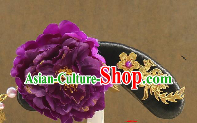 Chinese Ancient Manchu Princess Hair Chignon Drama Jade Palace Lock Heart Purple Peony Hair Accessories Qing Dynasty Imperial Concubine Wigs Sheath