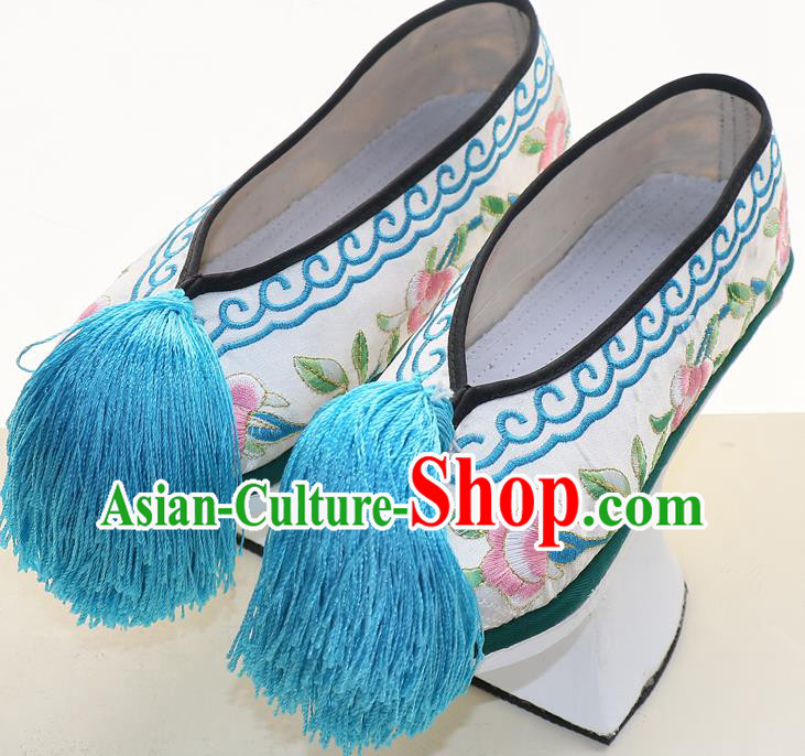 Chinese Qing Dynasty Princess Saucers Shoes Ancient Palace Lady Embroidered White Satin Shoes