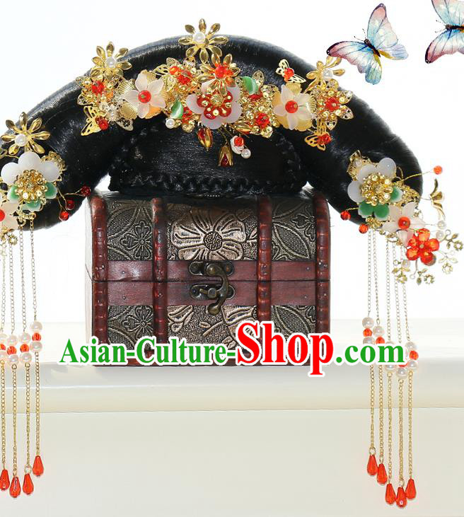 Chinese Qing Dynasty Palace Lady Wigs Sheath Ancient Manchu Princess Hair Chignon Drama Treading On Thin Ice Hair Accessories