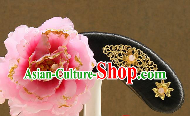 Chinese Ancient Manchu Lady Hair Chignon Drama Jade Palace Lock Heart Pink Peony Hair Accessories Qing Dynasty Princess Wigs Sheath