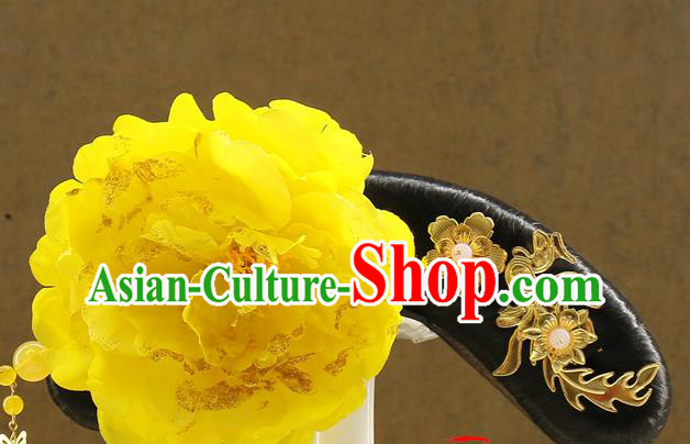 Chinese Qing Dynasty Court Maid Wigs Sheath Ancient Manchu Lady Hair Chignon Drama Jade Palace Lock Heart Yellow Peony Hair Accessories