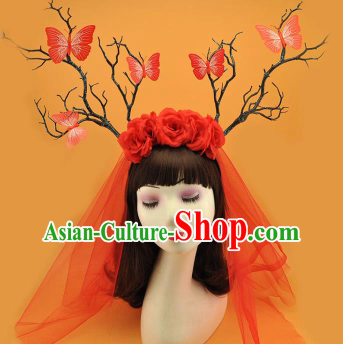 Top Halloween Fancy Ball Hair Clasp Gothic Bride Giant Headdress Cosplay Hair Accessories Christmas Princess Red Rose Hair Crown