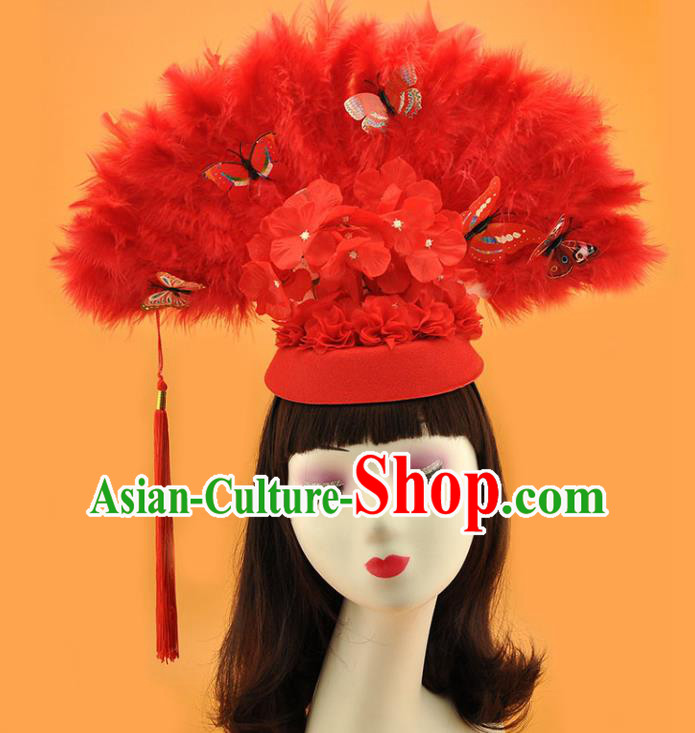 Chinese Catwalks Deluxe Headdress Stage Show Butterfly Tassel Hair Crown Cosplay Court Red Feather Fan Top Hat