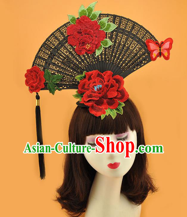 Chinese Cosplay Court Black Fan Top Hat Catwalks Deluxe Headdress Stage Show Embroidered Peony Hair Crown