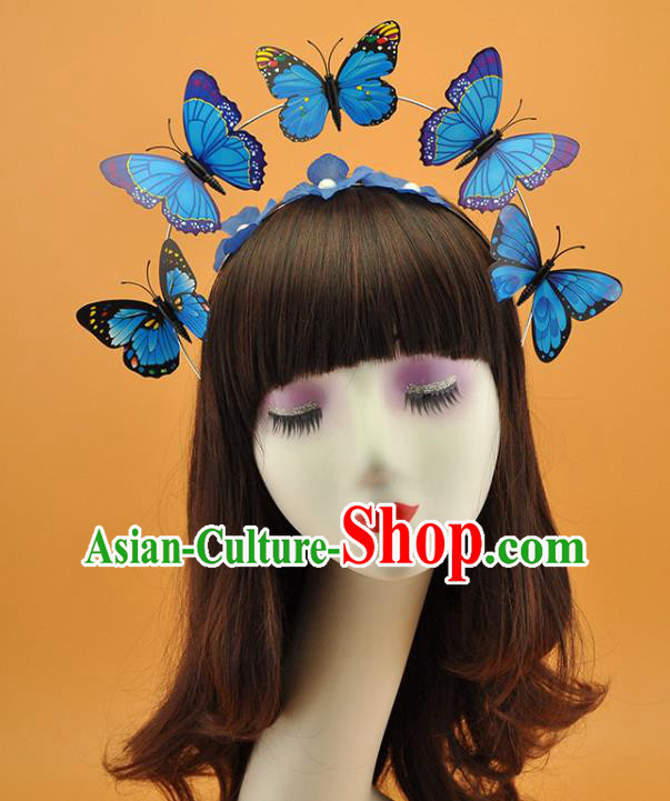 Top Halloween Fancy Ball Blue Butterfly Tassel Hair Clasp Gothic Headdress Cosplay Party Hair Accessories Brazilian Carnival Royal Crown