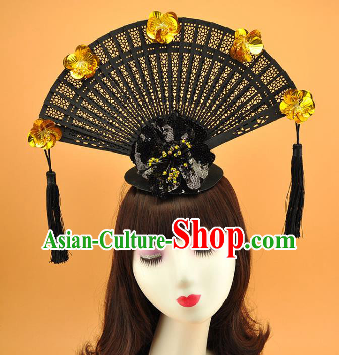 Chinese Stage Show Black Fan Tassel Hair Crown Court Tassel Top Hat Catwalks Deluxe Headdress