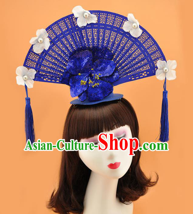 Chinese Catwalks Deluxe Headdress Stage Show Royalblue Fan Tassel Hair Crown Court Tassel Top Hat