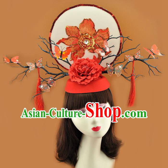 Chinese Stage Show Red Sequins Peony Hair Crown Court Butterfly Branch Top Hat Catwalks Deluxe Tassel Headdress