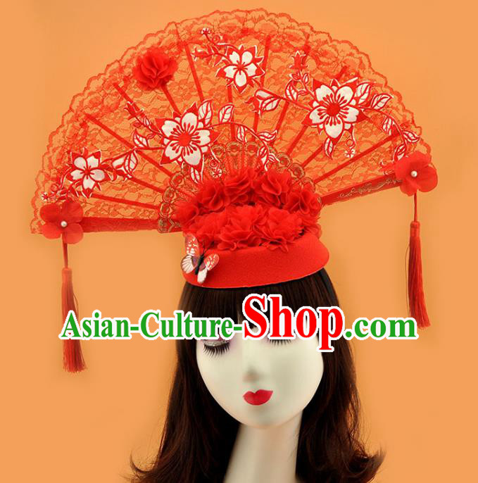 Chinese Stage Show Red Lace Fan Hair Crown Court New Year Top Hat Catwalks Deluxe Tassel Headwear
