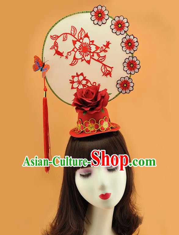 Chinese Traditional Court Red Rose Top Hat Catwalks Deluxe Headpiece Stage Show Tassel Hair Crown
