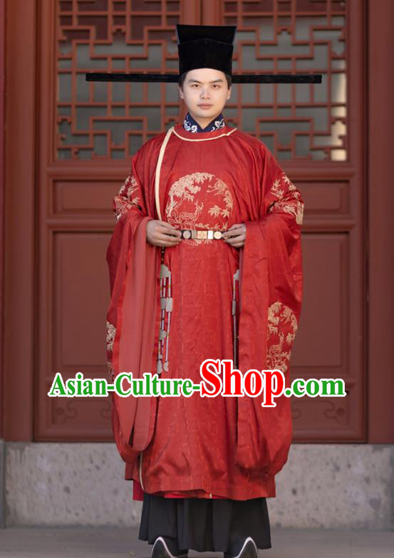 China Song Dynasty Wedding Apparels Traditional Red Hanfu Garments Ancient Official Robe Historical Clothing and Hat