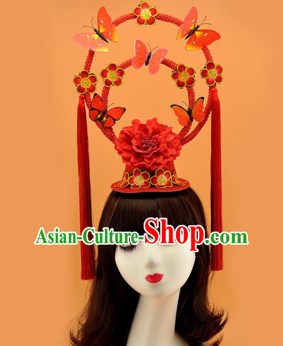 Chinese Court Red Butterfly Top Hat New Year Catwalks Deluxe Headwear Stage Show Hair Crown