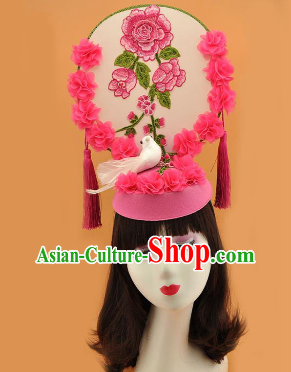 Chinese Stage Show Pink Hair Crown Court Embroidered Flowers Top Hat New Year Catwalks Deluxe Headpiece