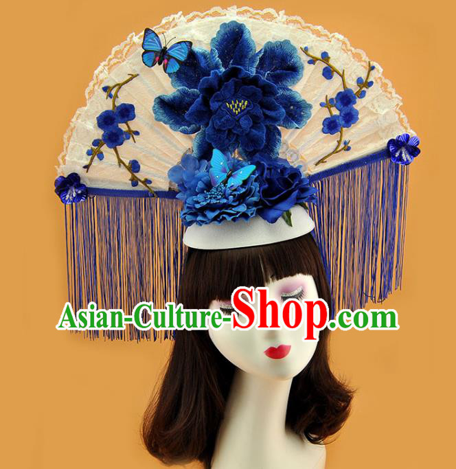 Chinese Stage Show Blue Tassel Hair Crown Traditional Court Embroidered Peony Top Hat Catwalks Deluxe Headpiece
