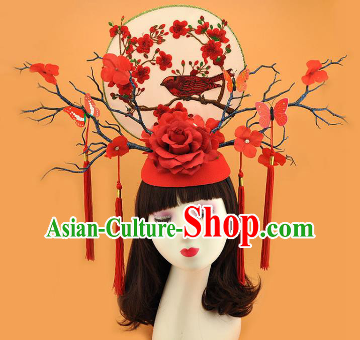 Chinese Traditional Court Branch Top Hat Qipao Catwalks Deluxe Red Rose Headpiece Stage Show Hair Crown