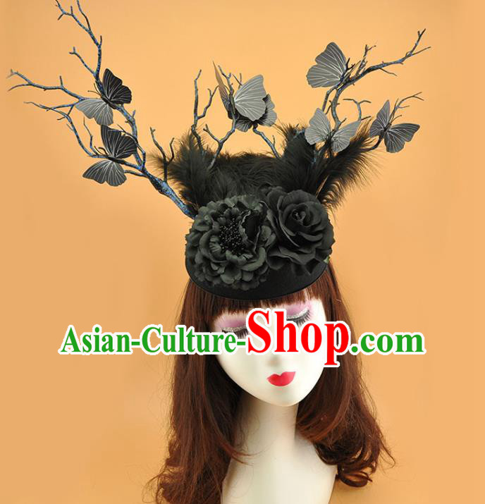 Top Miami Black Butterfly Headdress Cosplay Party Hair Accessories Brazilian Carnival Feather Royal Crown Halloween Fancy Ball Branch Hat