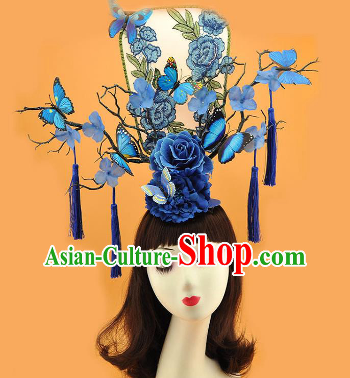 Chinese Traditional Court Blue Butterfly Fan Top Hat Handmade Qipao Catwalks Deluxe Headpiece Stage Show Embroidered Peony Hair Crown