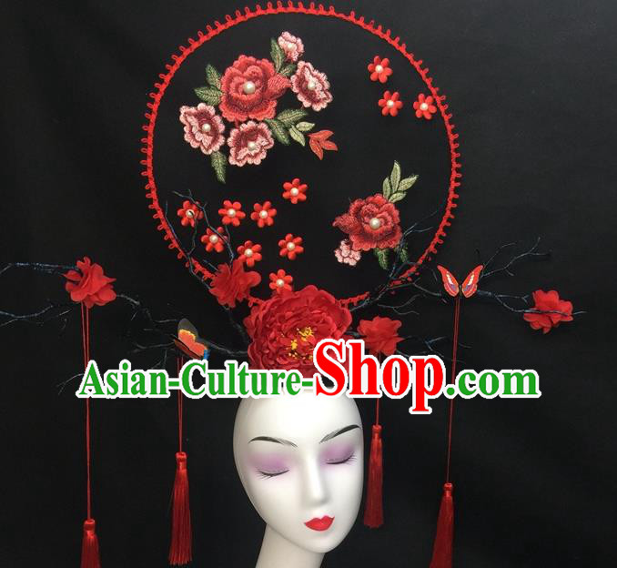 Chinese Traditional Court Giant Embroidered Top Hat Handmade Catwalks Deluxe Fan Headwear Qipao Stage Show Peony Hair Crown