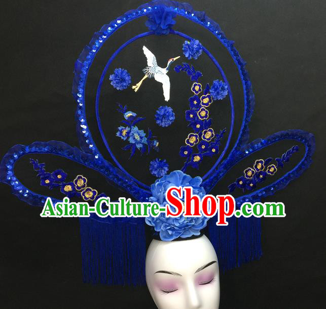 Chinese Traditional Court Giant Blue Tassel Top Hat Handmade Catwalks Deluxe Fashion Headwear Qipao Stage Show Embroidered Crane Hair Crown
