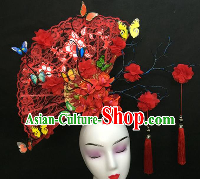 Chinese Traditional Court Tassel Giant Top Hat Handmade Catwalks Deluxe Red Lace Fan Fashion Headwear Cheongsam Stage Show Hair Crown