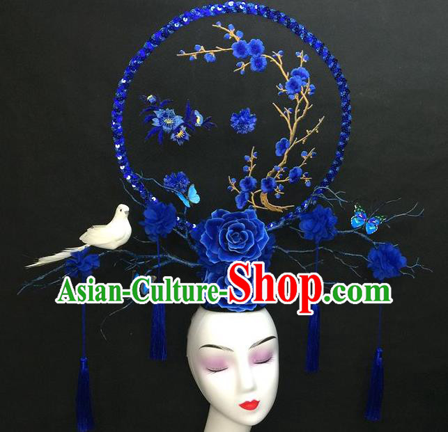 Chinese Handmade Catwalks Deluxe Fashion Headwear Qipao Stage Show Embroidered Plum Hair Crown Traditional Court Giant Top Hat