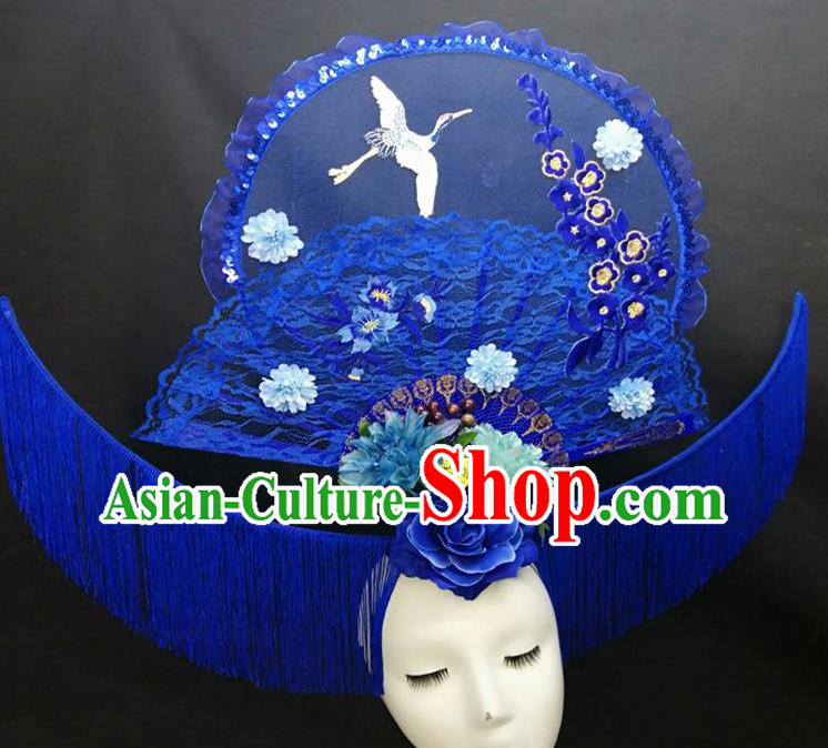 Chinese Handmade Fashion Show Giant Hair Crown Traditional Stage Court Deluxe Tassel Top Hat Cheongsam Catwalks Blue Lace Fan Headwear