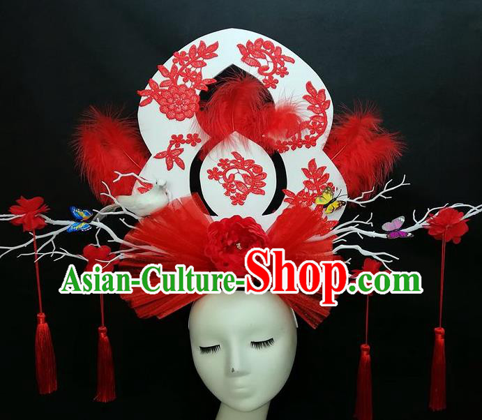 Chinese Traditional Stage Court Top Hat Cheongsam Catwalks Deluxe Red Veil Peony Headwear Handmade Fashion Show Giant Feather Hair Crown
