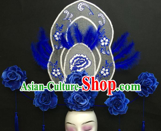 Chinese Handmade Fashion Show Giant Blue Feather Hair Crown Traditional Stage Court Peony Flowers Top Hat Cheongsam Catwalks Deluxe Headwear