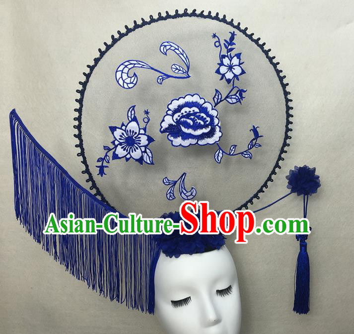 Chinese Cheongsam Catwalks Deluxe Tassel Headwear Handmade Fashion Show Giant Hair Crown Traditional Stage Court Embroidered Peony Top Hat