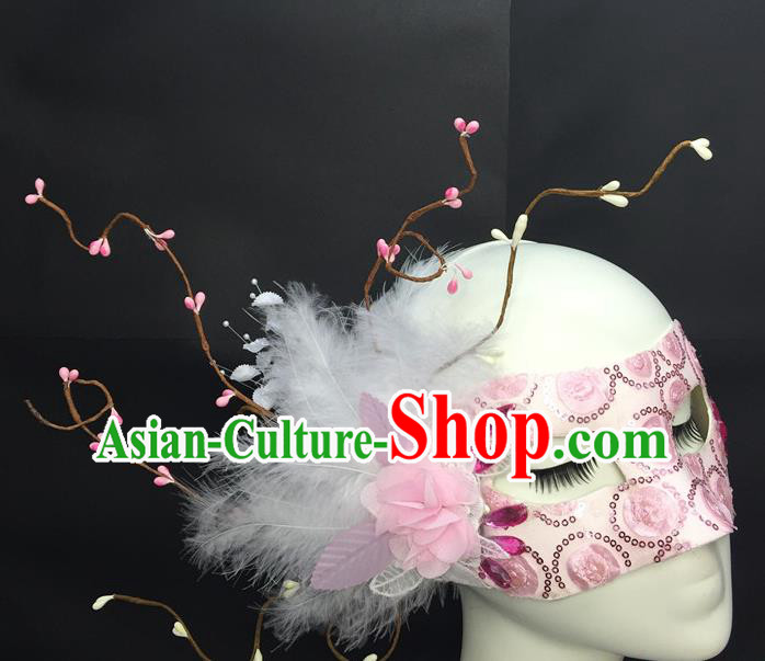 Handmade Halloween Cosplay Pink Mask Costume Party Blinder Headpiece Rio Carnival Feather Face Mask