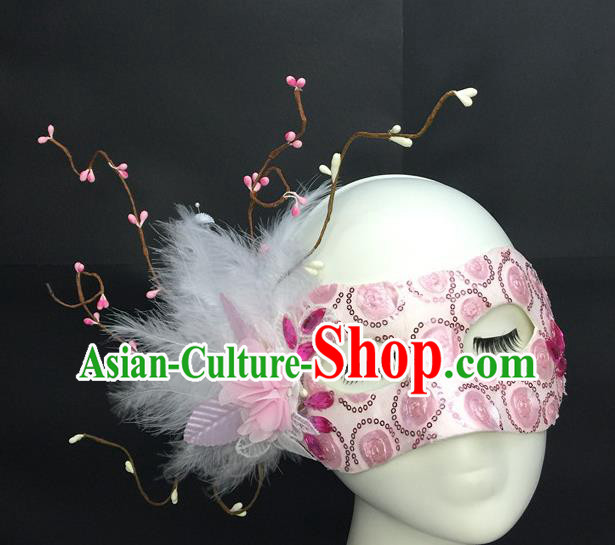 handmade Halloween Cosplay Pink Mask Costume Party Blinder Headpiece Rio Carnival Feather Face Mask