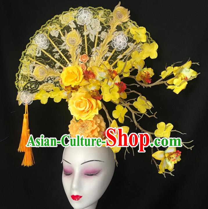 China Catwalks Giant Fashion Headwear Handmade Cheongsam Show Lace Fan Hair Crown Traditional Court Yellow Flowers Hair Clasp