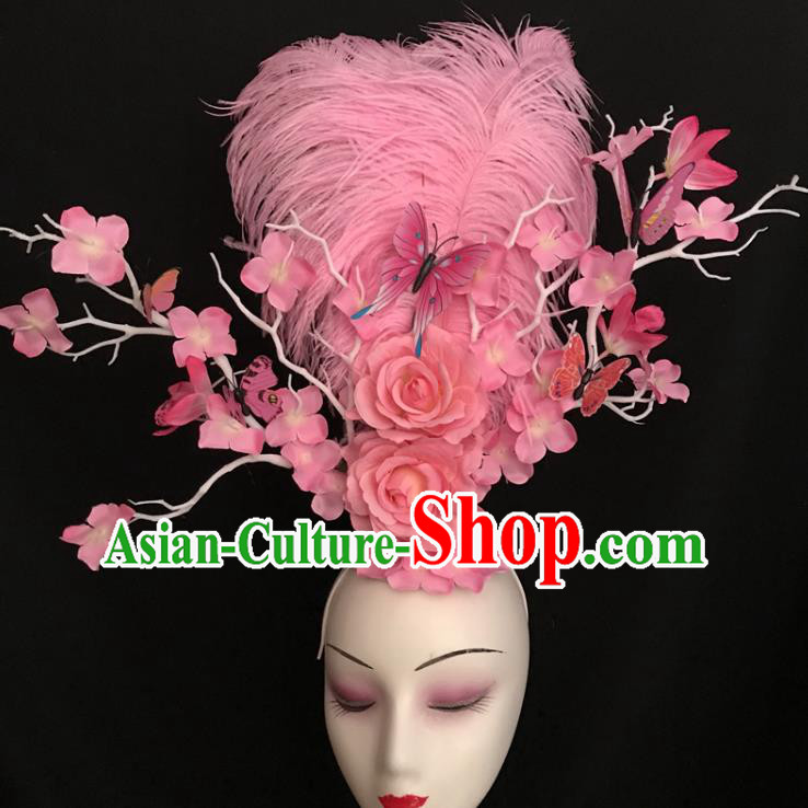 Top Halloween Cosplay Hair Accessories Catwalks Pink Feather Royal Crown Rio Carnival Rose Hair Clasp Brazil Parade Headdress