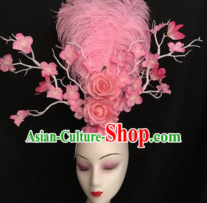 Top Brazil Parade Headdress Halloween Cosplay Hair Accessories Catwalks Pink Feather Royal Crown Rio Carnival Rose Hair Clasp