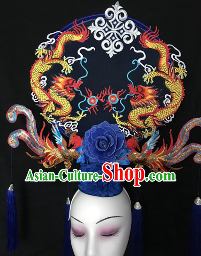 China Handmade Catwalks Giant Fashion Headwear Cheongsam Show Dragon Phoenix Hair Crown Traditional Court Fan Tassel Hair Clasp