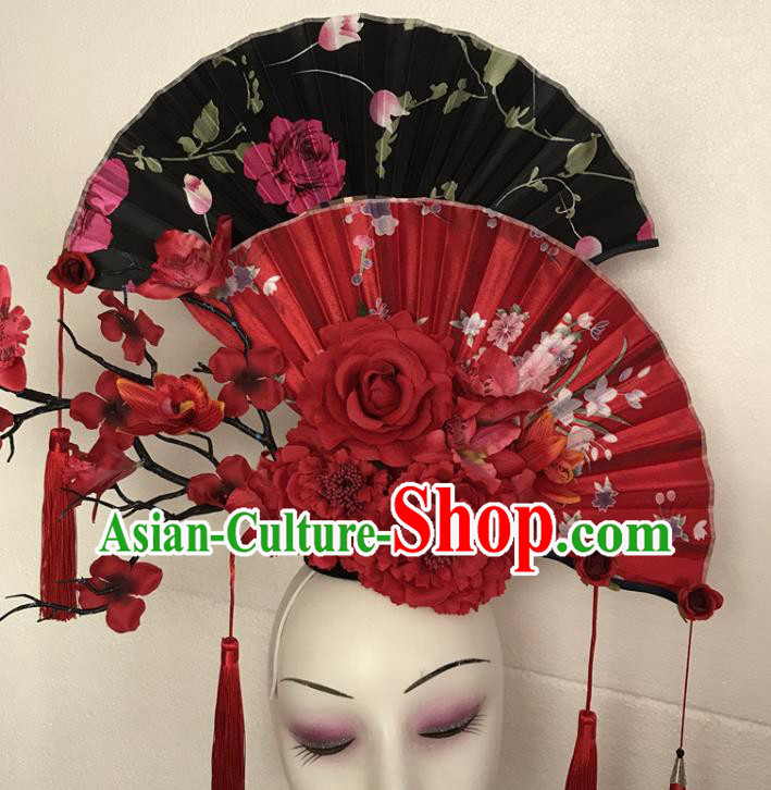 China Traditional Court Fan Hair Clasp Handmade Catwalks Giant Fashion Headwear Cheongsam Show Tassel Hair Crown