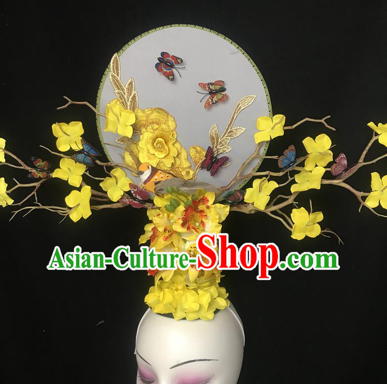 China Traditional Court Yellow Flowers Hair Clasp Handmade Catwalks Giant Fashion Headdress Cheongsam Show Embroidered Peony Hair Crown