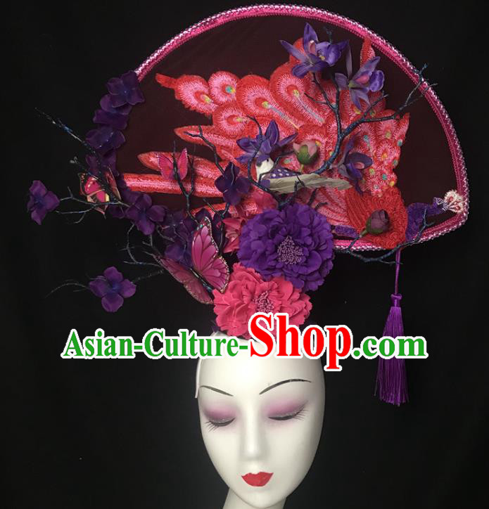 China Cheongsam Show Hair Crown Court Embroidered Peacock Fan Hair Clasp Catwalks Fashion Headdress Handmade Bride Giant Headwear
