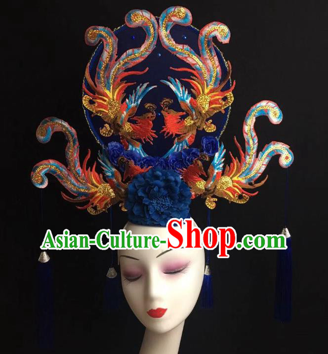 China Handmade Bride Giant Headwear Cheongsam Show Blue Phoenix Hair Crown Court Fan Tassel Hair Clasp Catwalks Fashion Headdress
