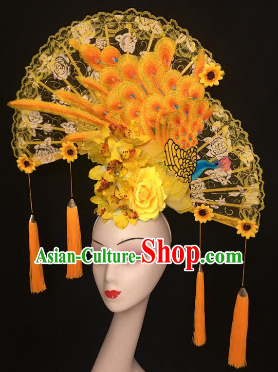 China Cheongsam Show Embroidered Phoenix Hair Crown Court Yellow Lace Fan Hair Clasp Catwalks Fashion Headdress Handmade Bride Giant Headwear