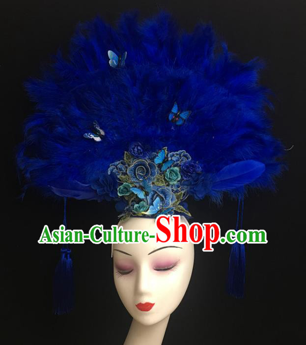 China Cheongsam Show Blue Feather Hair Crown Court Fan Hair Clasp Catwalks Bride Giant Headdress Handmade Fashion Butterfly Headwear