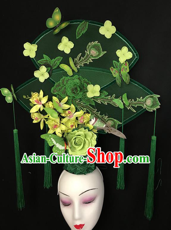 China Handmade Bride Giant Headwear Cheongsam Show Embroidered Peony Hair Crown Court Green Fan Hair Clasp Catwalks Fashion Headdress