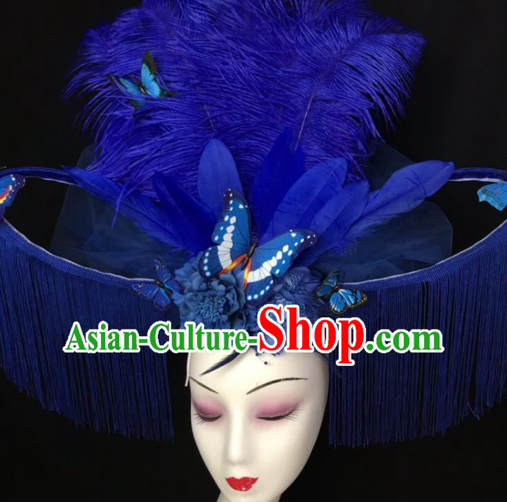 Top Catwalks Royalblue Tassel Royal Crown Rio Carnival Feather Hair Clasp Brazil Parade Headdress Halloween Cosplay Queen Hair Accessories