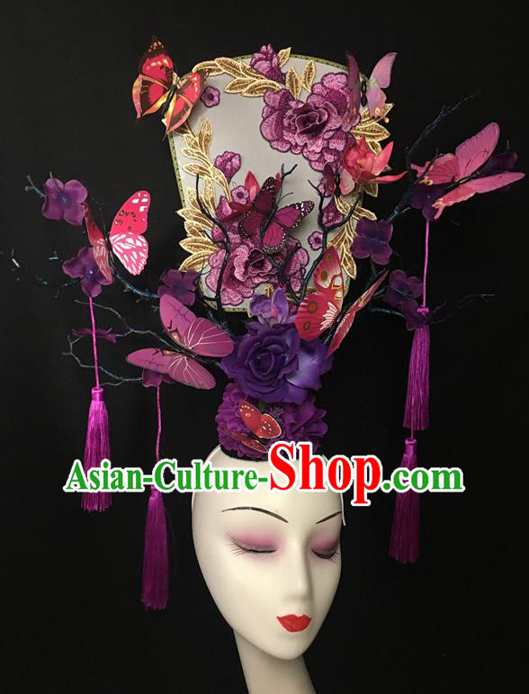 China Catwalks Fashion Headdress Handmade Bride Giant Headwear Cheongsam Show Embroidered Peony Hair Crown Court Purple Flowers Hair Clasp