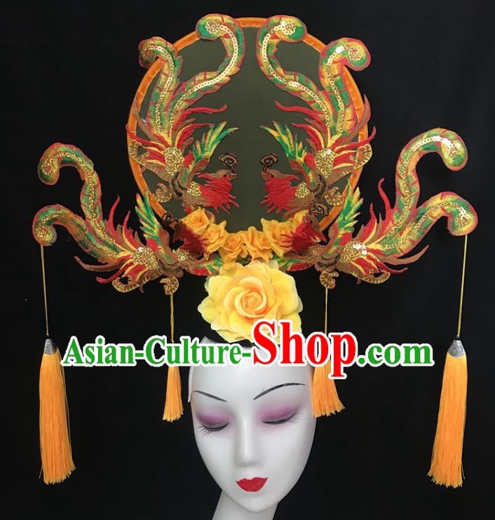 China Court Orange Fan Hair Clasp Catwalks Fashion Headdress Handmade Bride Giant Headwear Cheongsam Show Embroidered Phoenix Hair Crown