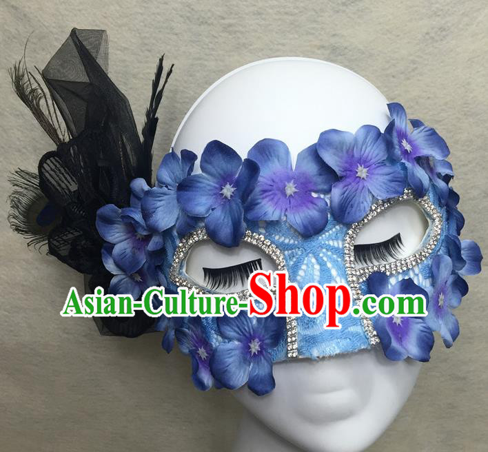 Handmade Rio Carnival Feather Face Mask Halloween Cosplay Blue Flowers Mask Costume Party Blinder Headpiece